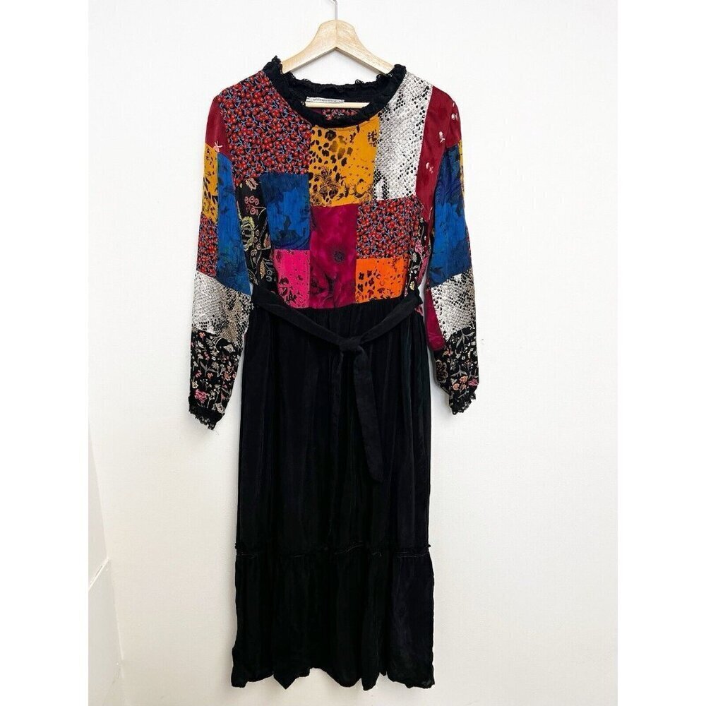 MissWhence Miss Whence Silk Patchwork Pesant Modest Lace Trim Belted Dress 40